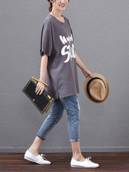 Batwing Sleeves Printed Letter T-Shirt