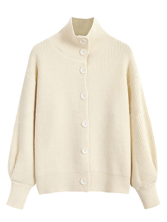 Simple Buttoned Stand Collar Long Sleeves Loose Cardigans Tops