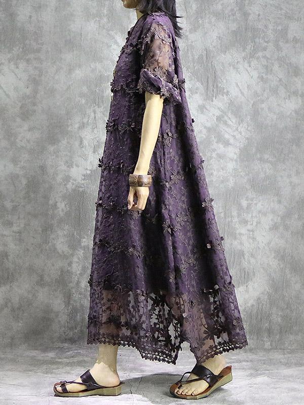 Loose Solid Hollow Flower Embroidered Maxi Dresses