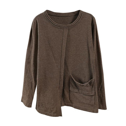 Buykud Solid Color Single Pocket Round Neck Casual Blouse