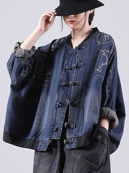 Vintage Buttoned Split-Joint Printed Long Sleeves Denim Jackets Outerwear
