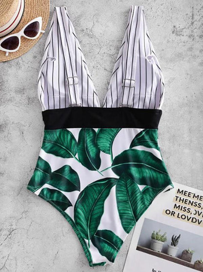 Split-Joint Floral-Print Backless One-Piece Swimwear