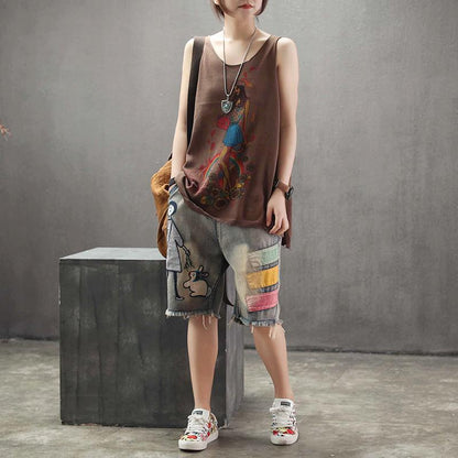 Casual Print Linen Loose Sleeveless Top