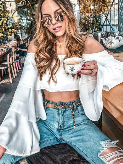 Off-shoulder Flared Sleeve Sexy Blouses&Shirts Top