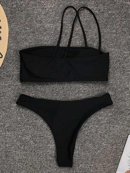 Bandeau Plain Black Irregular Bottom Bikini Swimsuit