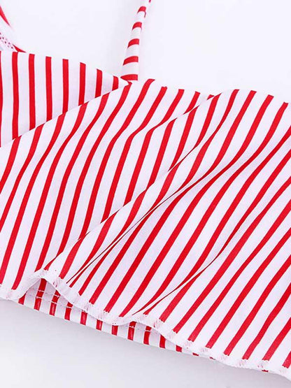Striped-Print Falbala Split Bikini Swimsuit