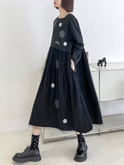 Stylish Split-Joint Pleated Polka-Dot Round-Neck Long Sleeves Midi Dress