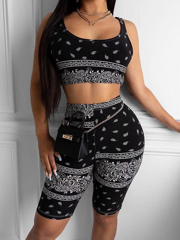 Wrap Printed Exposed Navel Tank&Shorts Yoga Suits