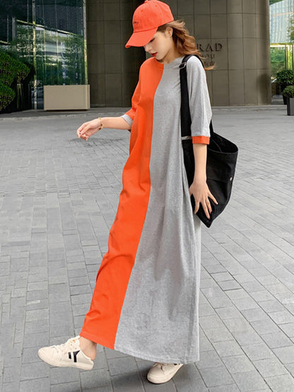 Casual Color Matching Round-Neck Long Sleeves Maxi Dress