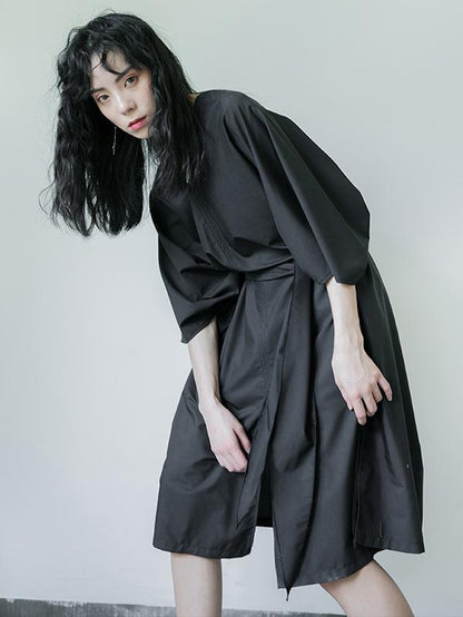 Simple Black Lace-up Batwing Sleeves Dress