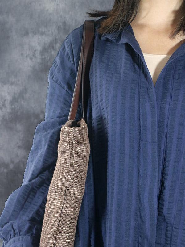 Loose Navy-blue Striped V-neck Lapel Long Dress