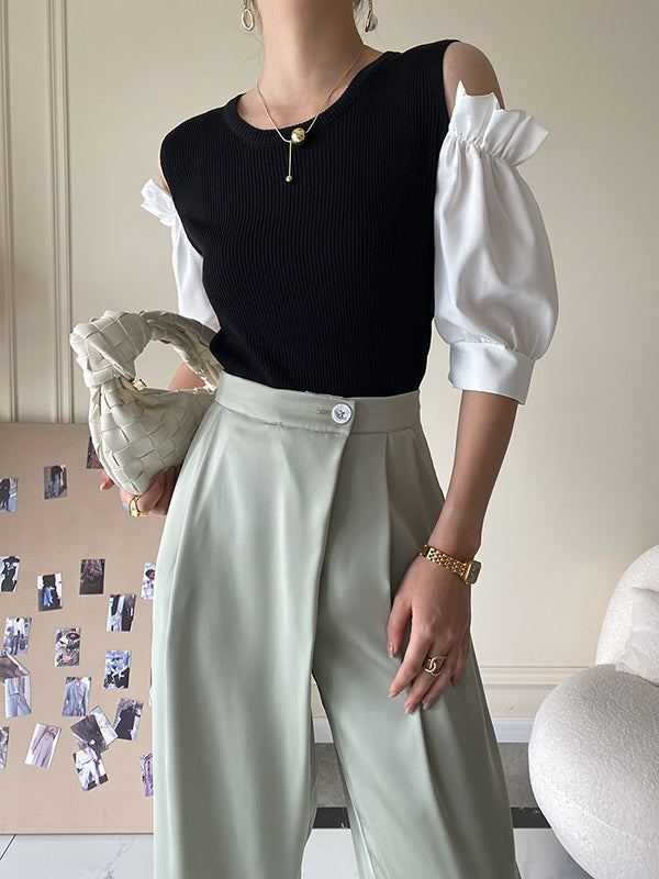 Original Contrast Color Puff Sleeves Cold Shoulder T-Shirt Top