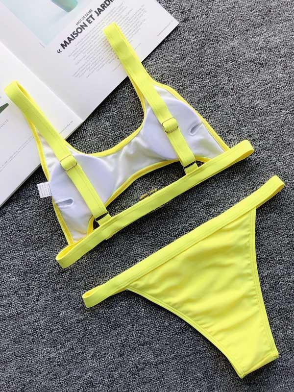 Solid Color Bandage Split Bikini Swimsuit