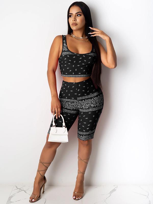 Wrap Printed Exposed Navel Tank&Shorts Yoga Suits