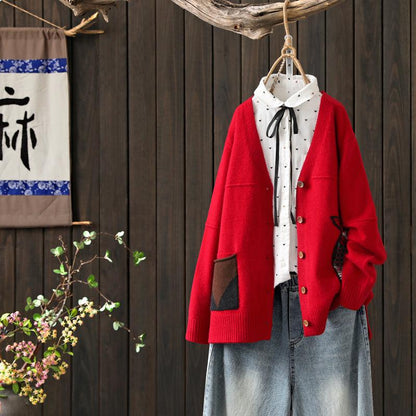 Buykud Cartoon Animal Embroidery Casual Sweater Coat