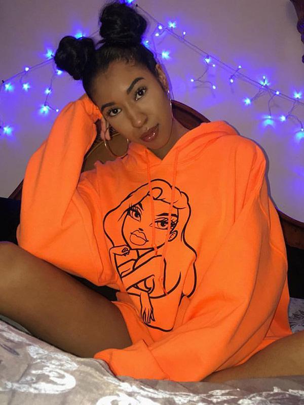 Loose Fluorescent Cartoon Figure Printed Hoodie