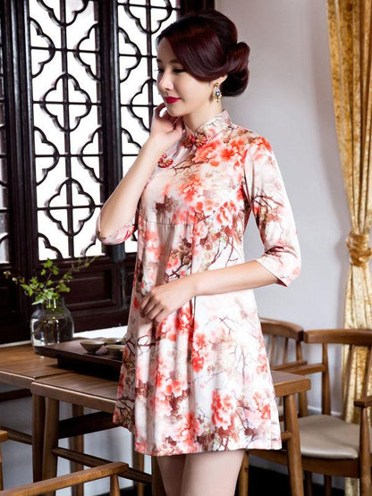 Elegance Frog Half Sleeves Stand Collar Slim Short Cheongsam