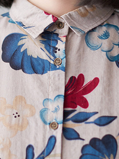 Artistic Retro Floral Printed Buttoned Lapel Collar Long Sleeves Blouse
