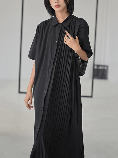 Stylish Split-Joint Pleated Belted Lapel A-Line Short Sleeves Midi Dress
