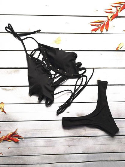 Sexy Lace Up Solid Bikinis Swimwear