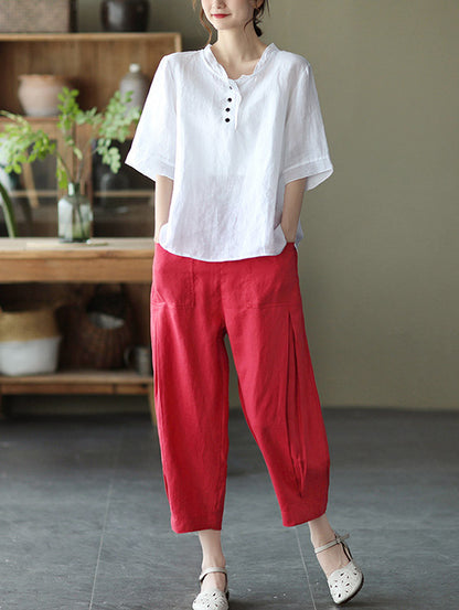 Original Linen Solid Color Half Sleeve T-Shirts Tops