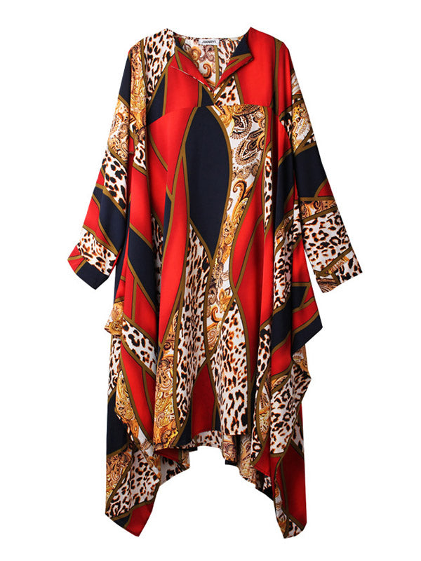 Casual Loose Split-Joint Contrast Color Leopard Floral Printed Lapel Collar Long Sleeves Midi Dress