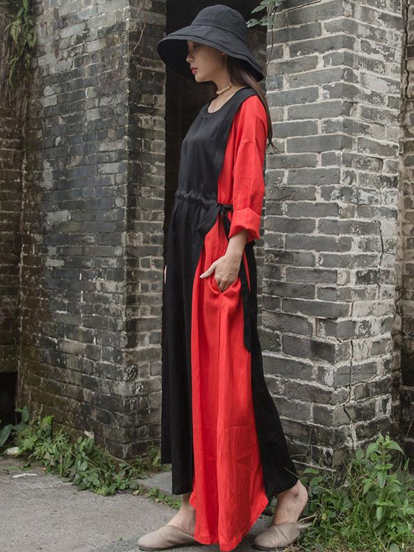 Color Blocking Tencel Linen Round-neck Long Dress
