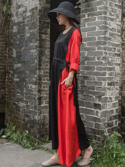 Color Blocking Tencel Linen Round-neck Long Dress