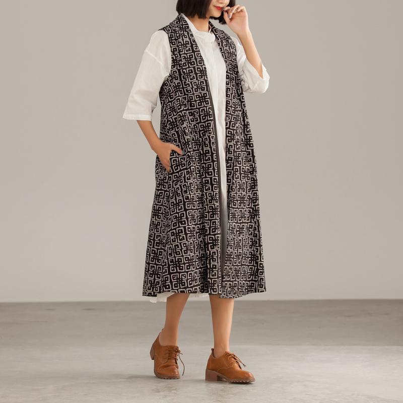 Black Cotton Geometric Cardigan Sleeveless Coat