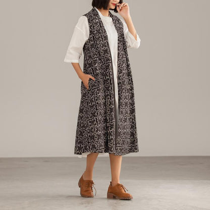 Black Cotton Geometric Cardigan Sleeveless Coat