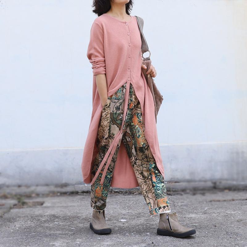 Buykud Solid Color Lacing Long Knitted Shirt