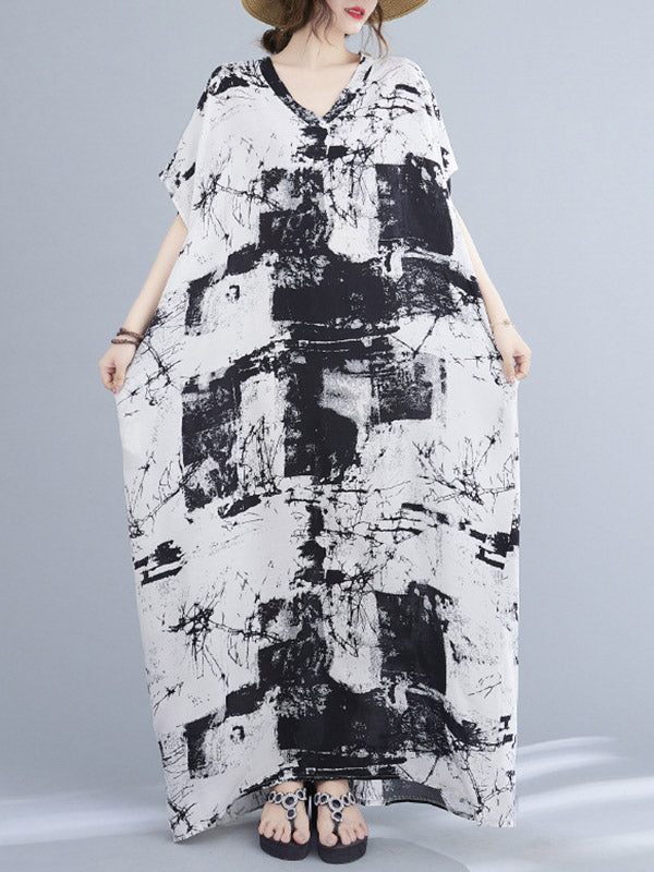 Original Ink-Printing V-Neck H-Line Maxi Dress