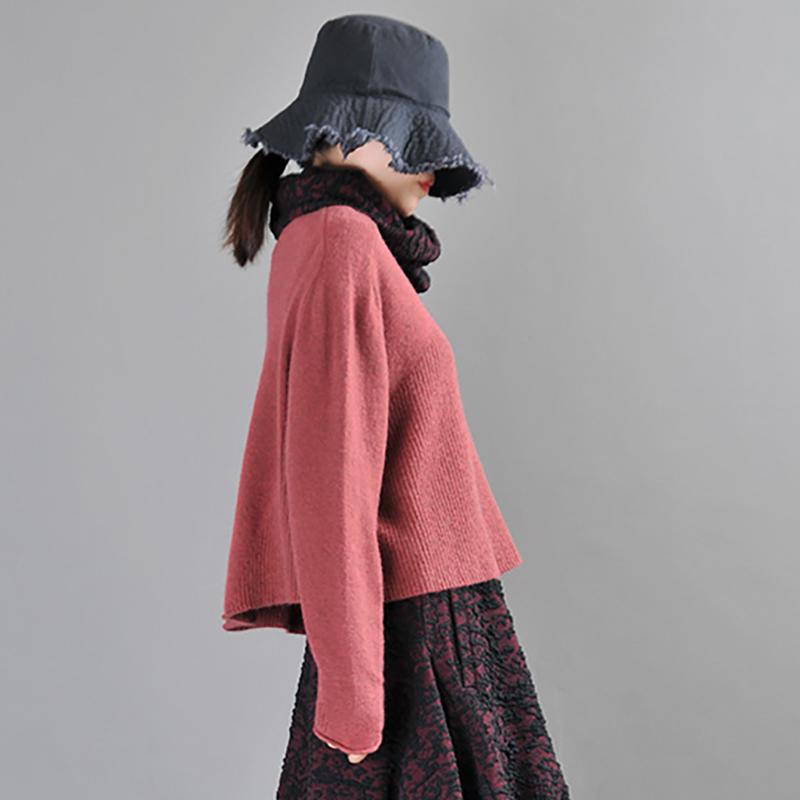 Buykud Jacquard Neckline Winter Solid Color Turtleneck Sweater