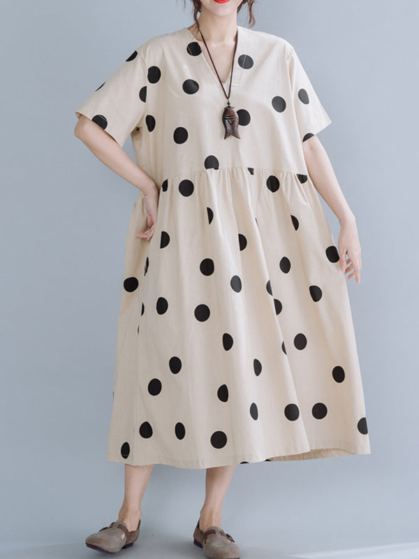 Simple Asymmetric Polka-Dot V-Neck Loose Short Sleeves Midi Dress