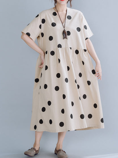Simple Asymmetric Polka-Dot V-Neck Loose Short Sleeves Midi Dress