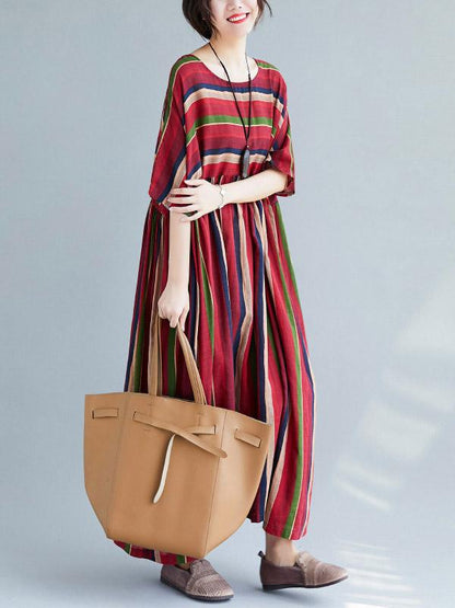 Loose Retro Striped Round-neck Long Dress