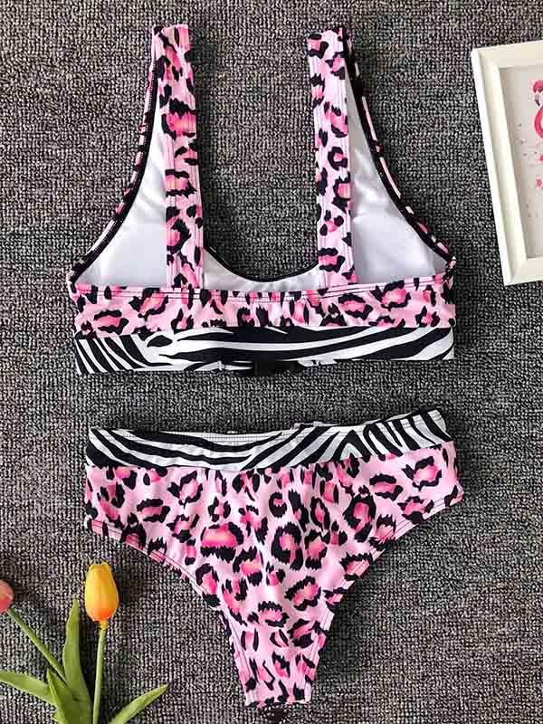 Leopard Print Plug Bandage Split Bikini Swimsuit
