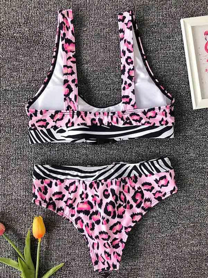 Leopard Print Plug Bandage Split Bikini Swimsuit