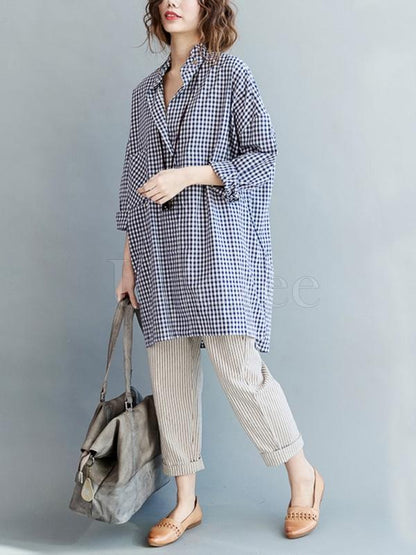 Casual Plaid Lapel Beaded Shirt