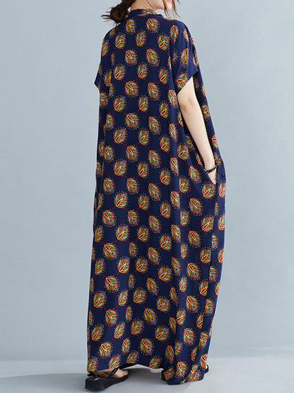 Vintage Printed V-Neck Batwing Short Sleeves Maxi Dress