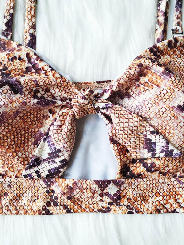 Snake-Print Knotted Split Bikini Swimsuit