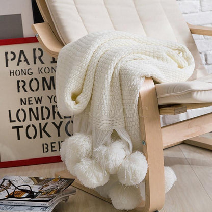 Solid Pompom Triming Knit Blankets