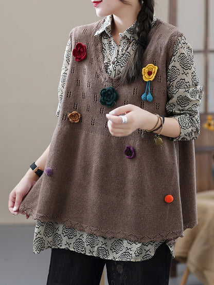 Vintage Knitting Sleeveless Applique V-Neck Vest Top