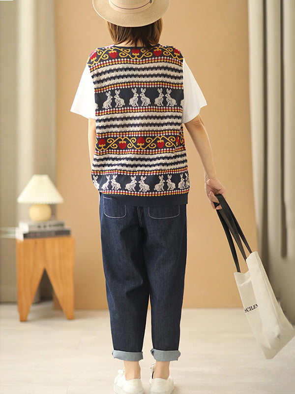 Stylish Split-Joint Printed Round-Neck False Two T-Shirt