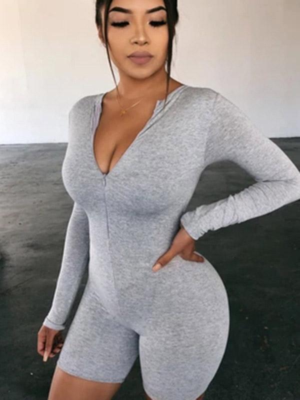 Sexy Wrap Long Sleeves Solid Zipper Rompers