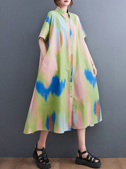 Artistic Retro Contrast Color Printed Midi Dress
