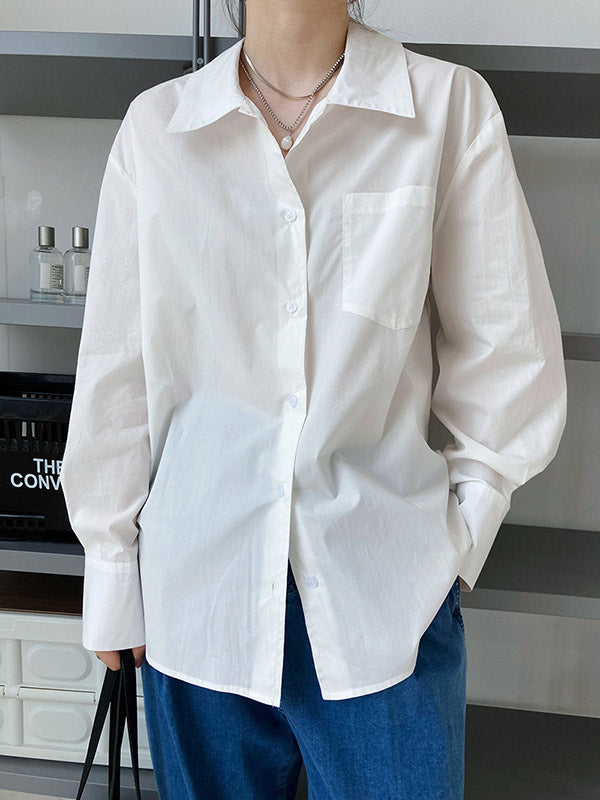 Simple Solid Color Split-Joint With Pocket Buttoned Lapel Collar Long Sleeves Blouse