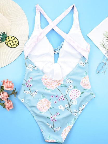 Flower Printed Bow-embellished One-piece Swimsuit