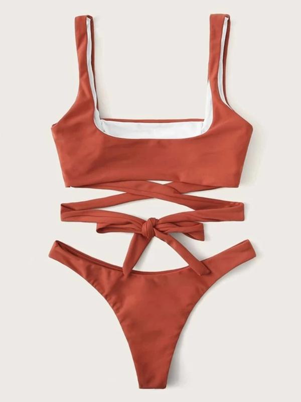 Solid Color Bandage Split Bikini Swimsuit