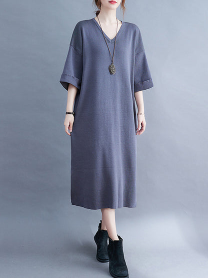Urban Solid Color V-Neck Split-Side Knitting H-Line Sweater Dress